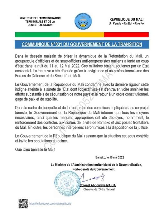 MALI : La junte annonce avoir déjoué un coup d'Etat 