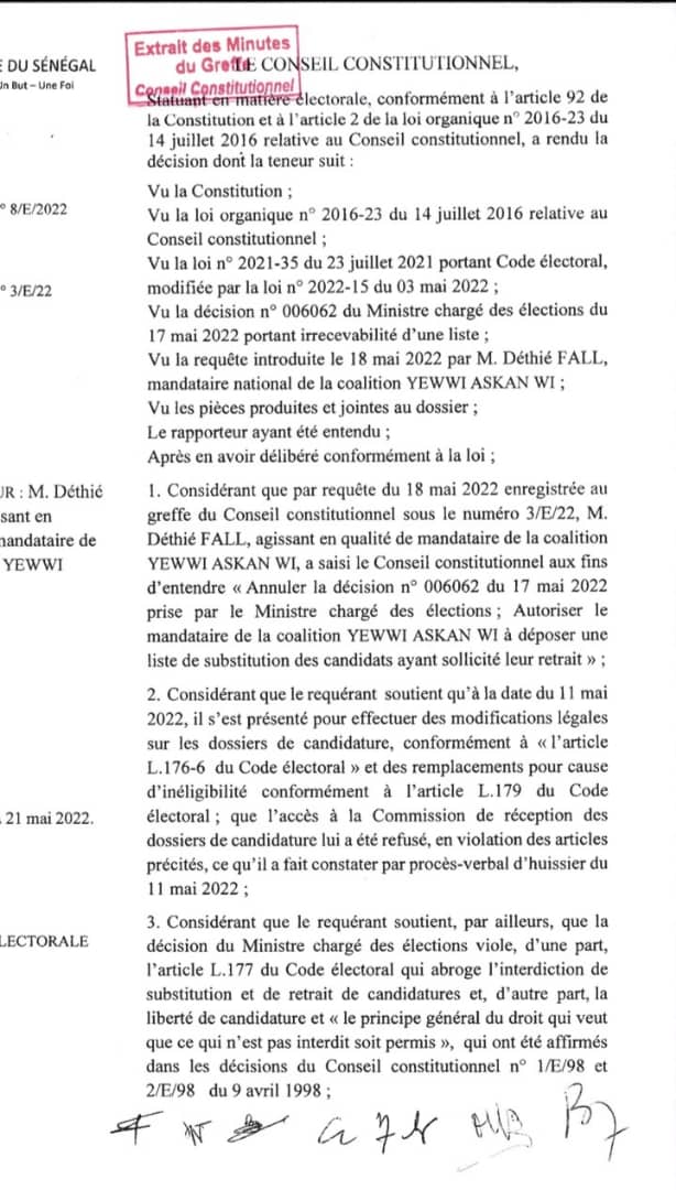 Législatives 2022 : Le Conseil Constitutionnel autorise la rectification de la liste Yewwi de Dakar