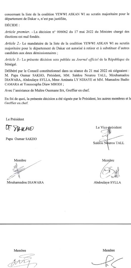 Législatives 2022 : Le Conseil Constitutionnel autorise la rectification de la liste Yewwi de Dakar
