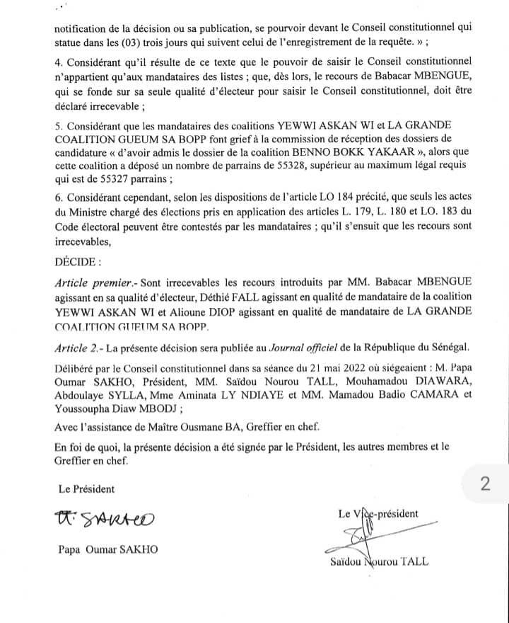 Liste nationale BBY : Les recours de Yewwi et Gueum Sa Bopp déclarés irrecevables