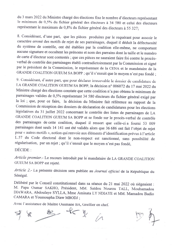 Le Conseil constitutionnel rejette le recours de Gueum Sa Bopp