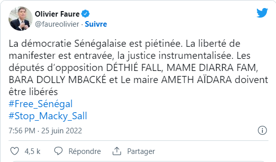 Olivier Faure : « La démocratie sénégalaise est piétinée (…) »