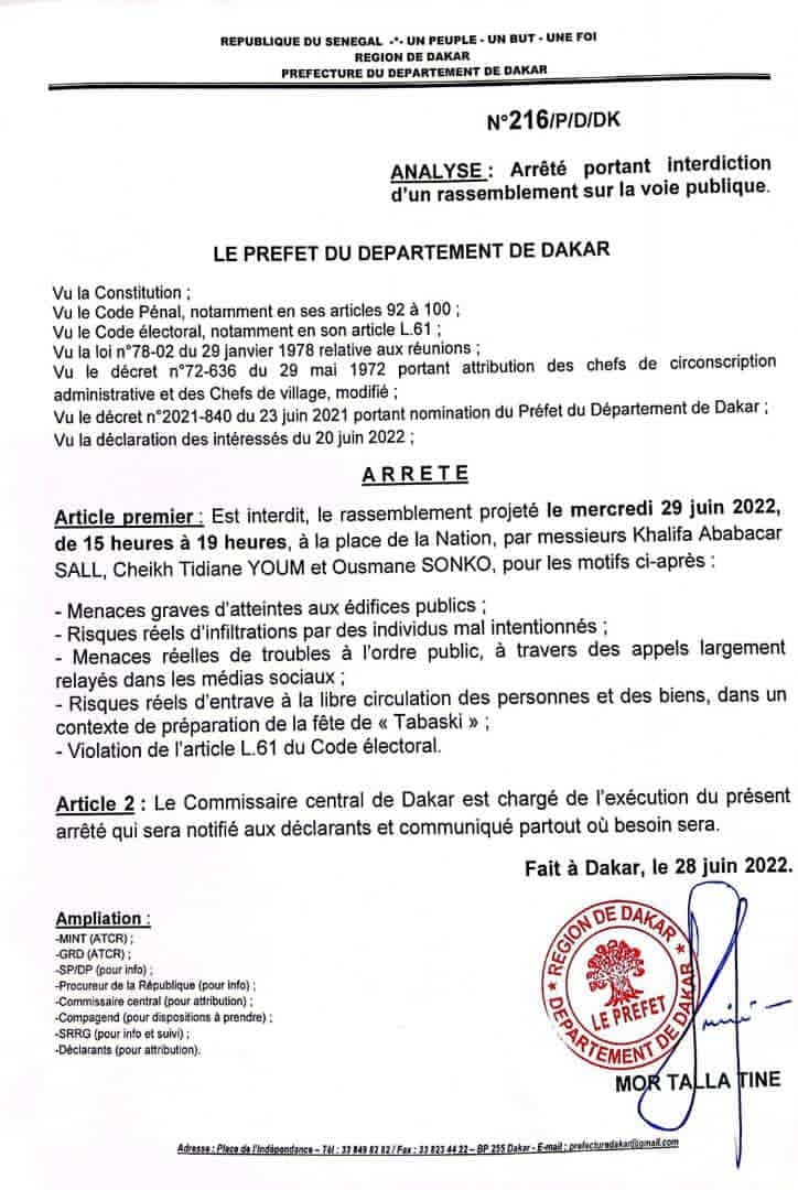 Le préfet de Dakar interdit la manifestation de YAW (document)