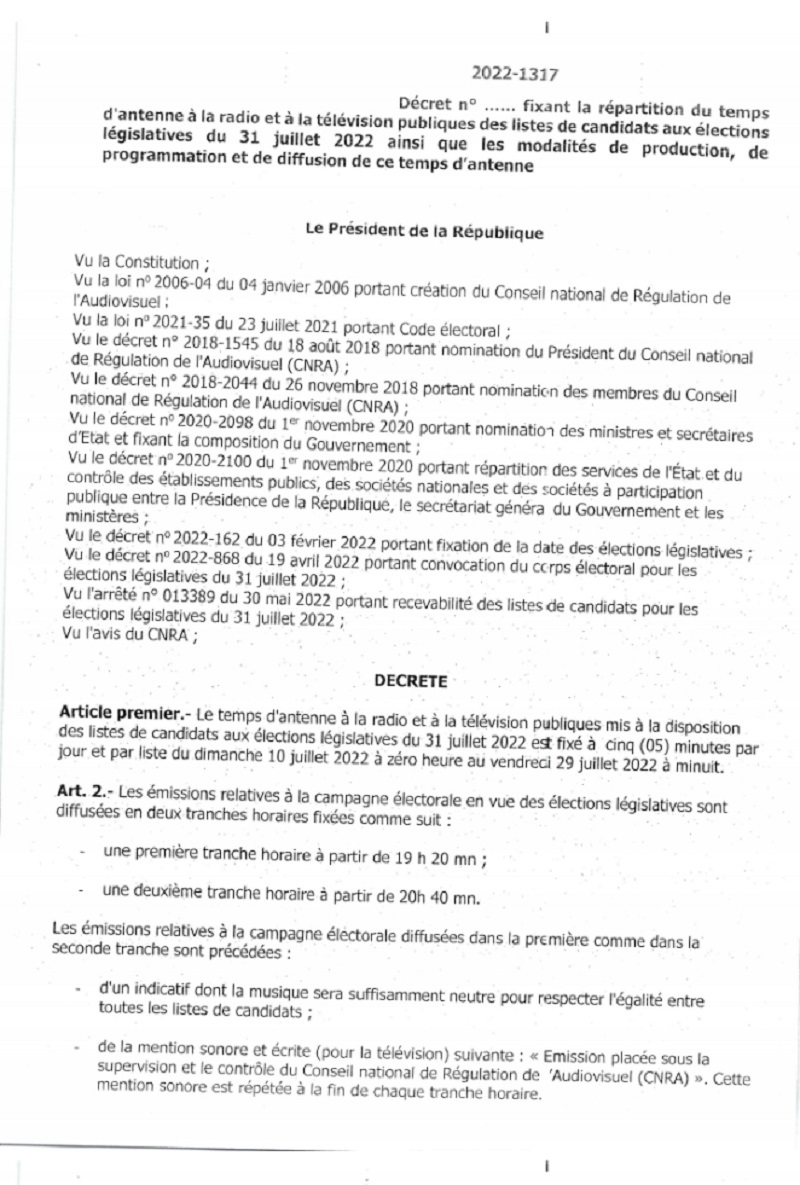 Législatives 2022 : Un décret fixe le temps d’antenne à la radio et à la télévision publiques à 5 minutes