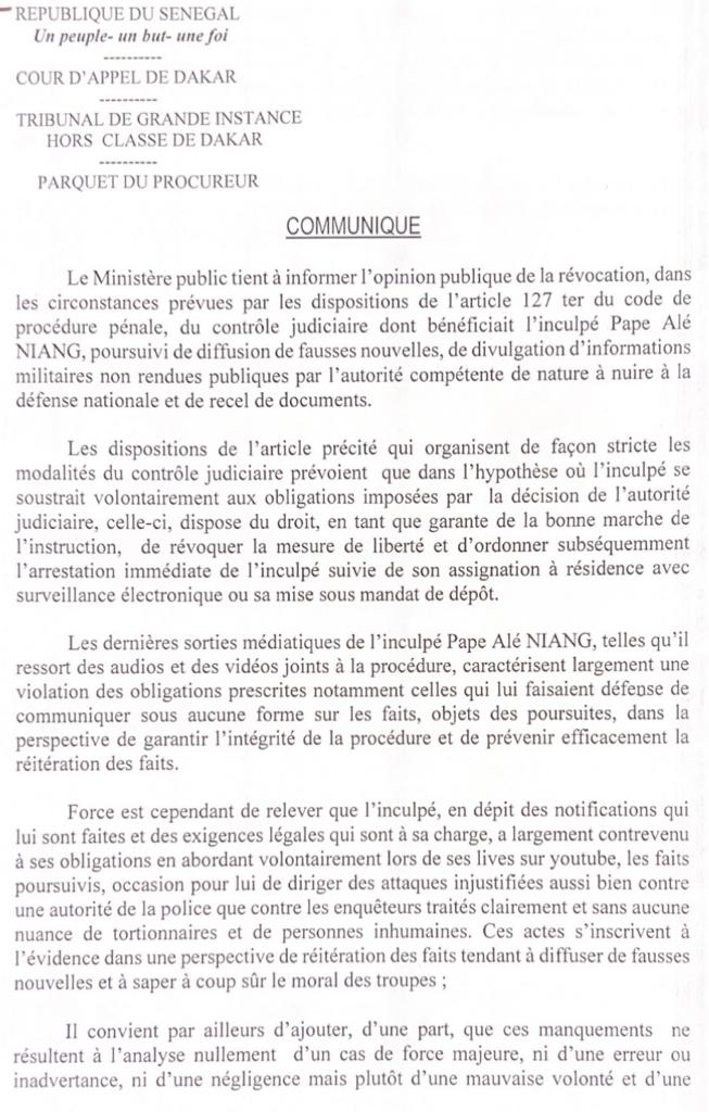 Arrestation Pape Alé Niang : Le communiqué du procureur