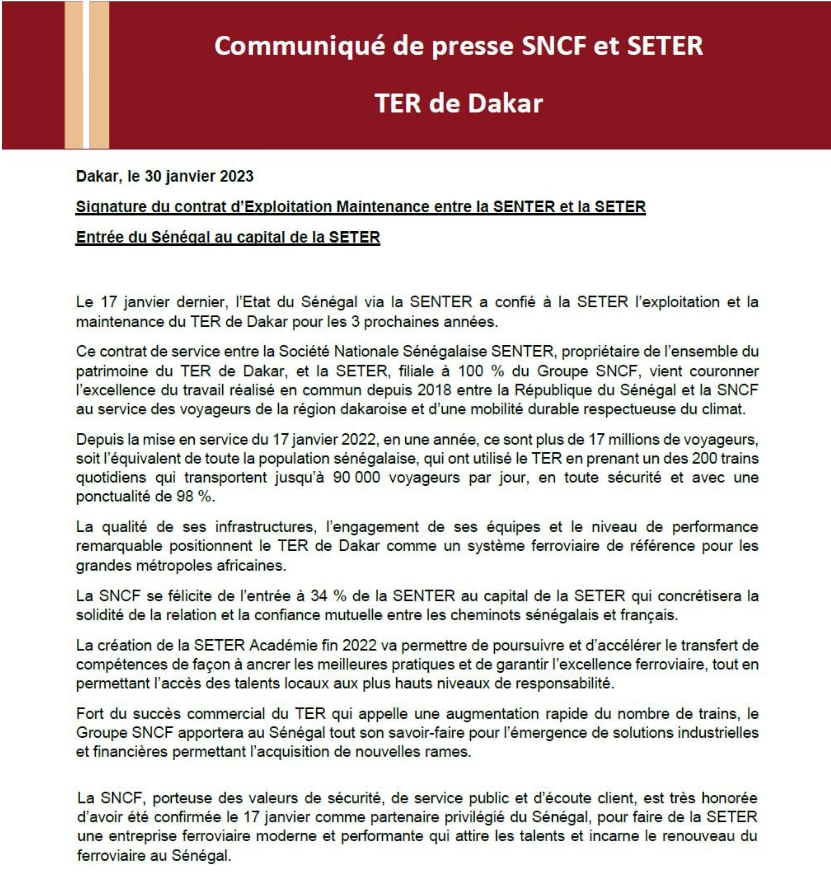 Communiqué de presse SNCF et SETER : TER de Dakar