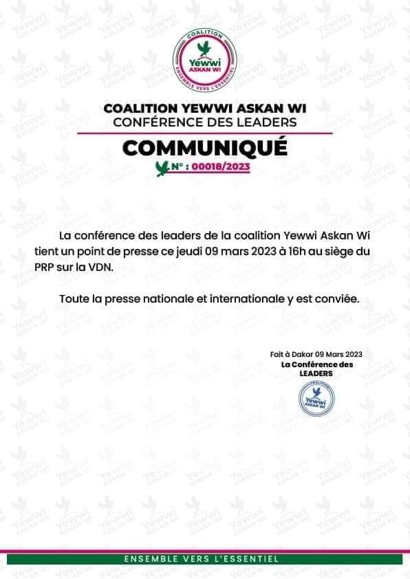 La conférence des leaders de Yewwi Askan Wi face à la presse ce jeudi