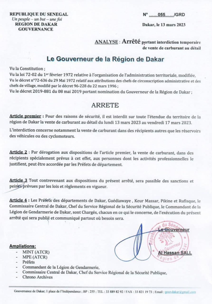 Le gouverneur de Dakar interdit la vente de carburant au détail jusqu'au vendredi