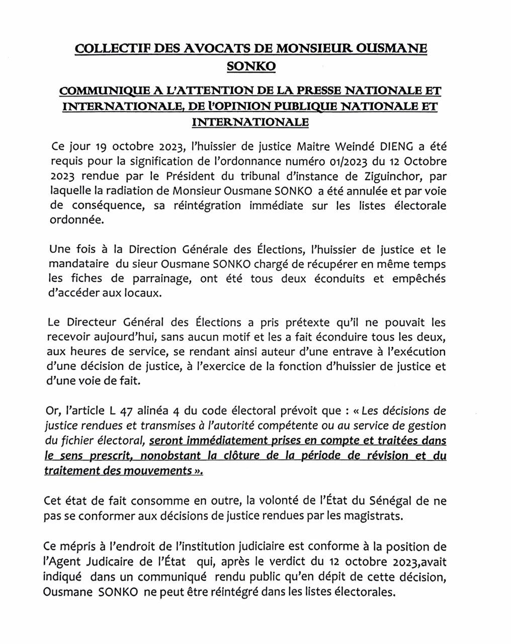 Refus de la DGE de recevoir le mandataire de Ousmane Sonko : La réaction des avocats de l’opposant