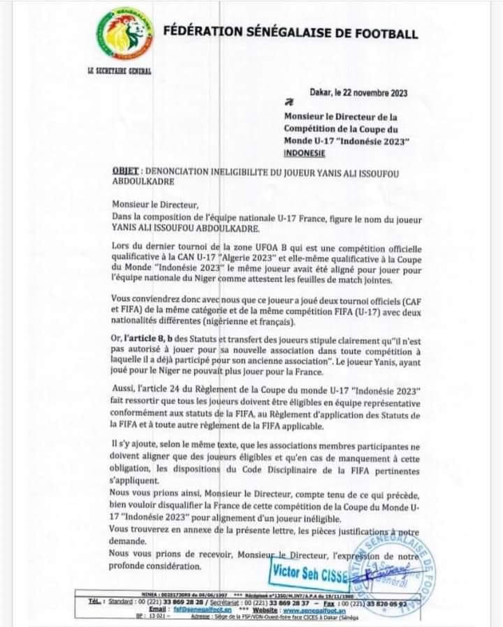 Mondial U17 : Le Sénégal dépose un recours contre la France