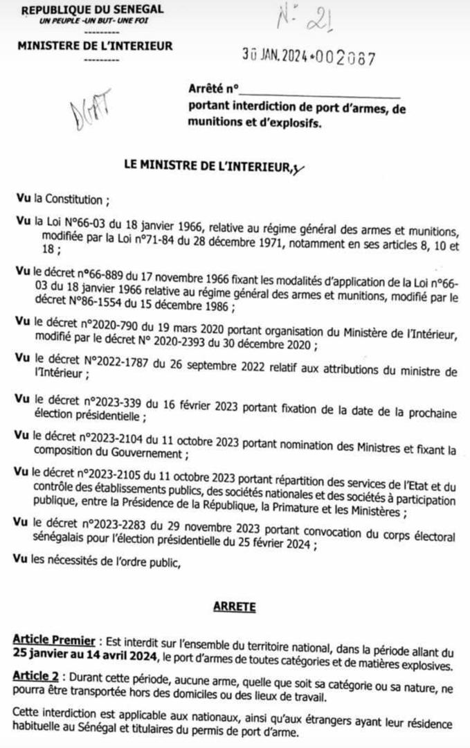 SENEGAL : Interdiction du port d'armes jusqu'au 12 avril 2024