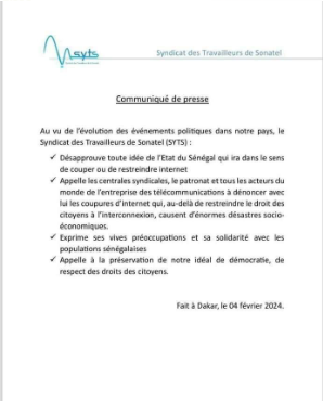 Coupure d'Internet: Le syndicat des travailleurs de la Sonatel met en garde l’Etat du Sénégal