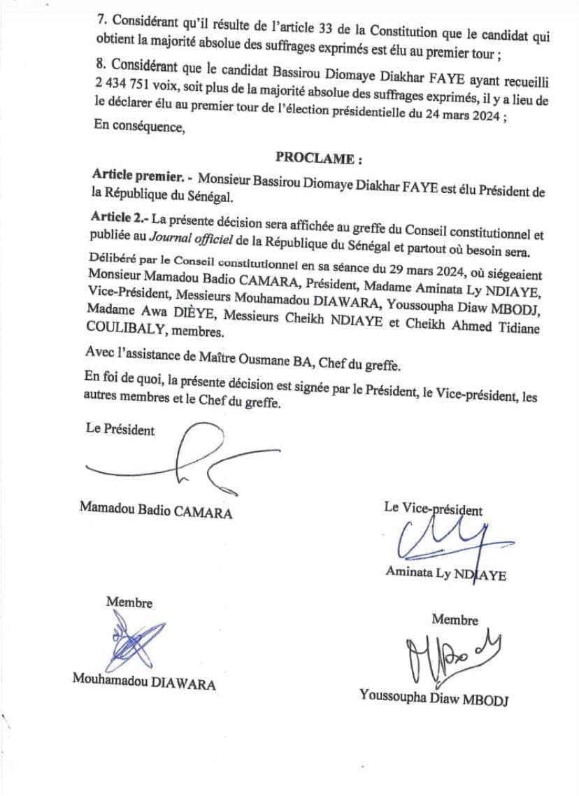 Le Conseil constitutionnel officialise BDF Président de la République du Sénégal