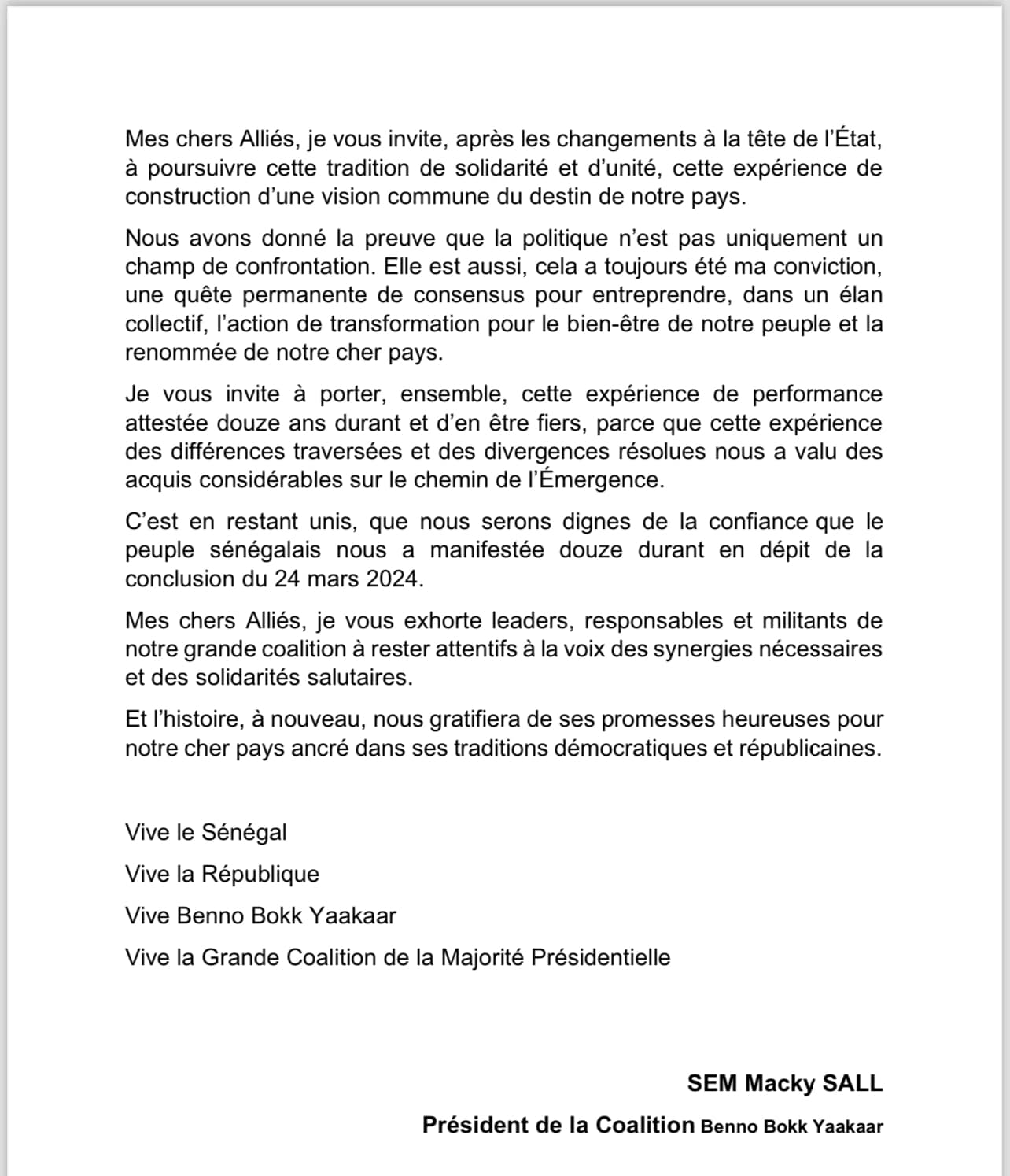 Fin de mandat : Les adieux de Macky aux militants de Benno et de l'APR